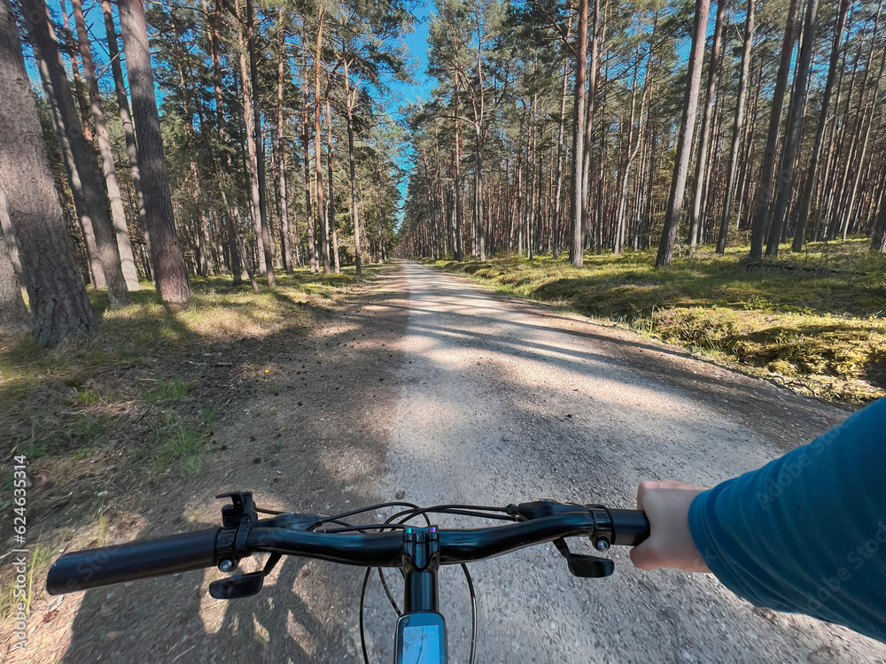 First-person riding bike in the woods. man cyclist rides in the forest on a bike. first-person view. travel concept First-person riding bike in the woods. man cyclist rides in the forest on a bike. first-person view. travel concept