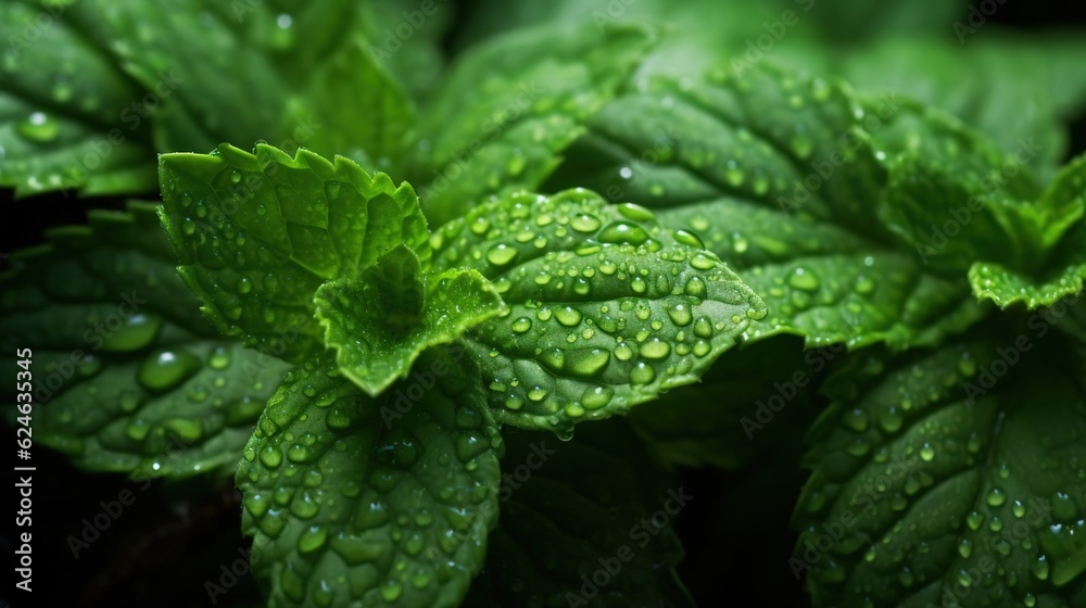 Macro of fresh mint leaves, background of nature. Created with Generative Ai technology. Macro of fresh mint leaves, background of nature. Created with Generative Ai technology.