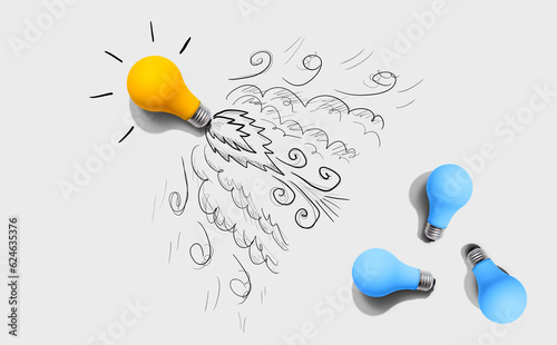 One unique Idea light bulb flying to the sky like a rocket - Flat lay