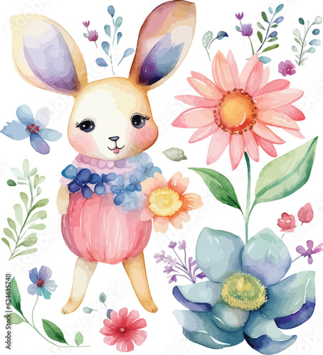 cute watercolor bunny with flowers watercolor