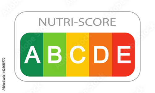 Nutri Score label with classification A, B, C, D, E letters on white background. Nutritional quality of foods sticker used in Europe products rating system. Vector flat illustration photo