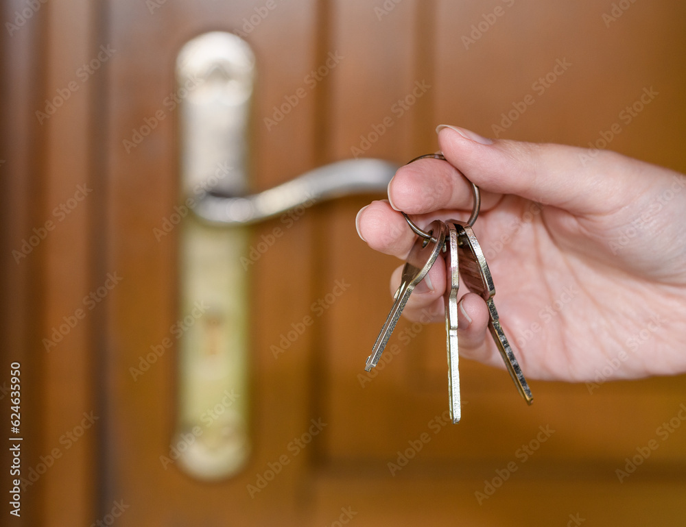 Trzymać pęk kluczy do domu w dłoniach na tle drzwi - obrazy, fototapety, plakaty 