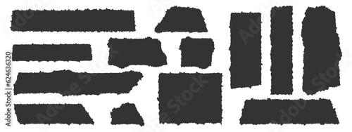 Rough edge paper set. Torn cardboard tags, labels, stickers. Empty black rectangle and square text box templates isolated on white background. Vector graphic illustration