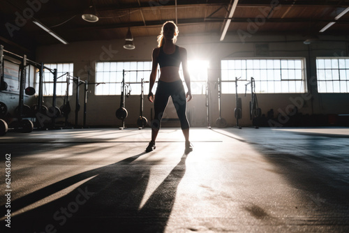 Silhouette of a fitness girl running during sunset at indoor gym