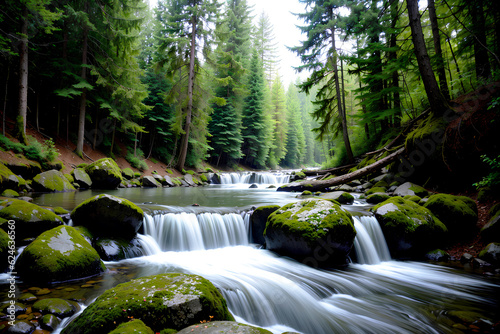 Realistic photo landscape of green tree forest and creek