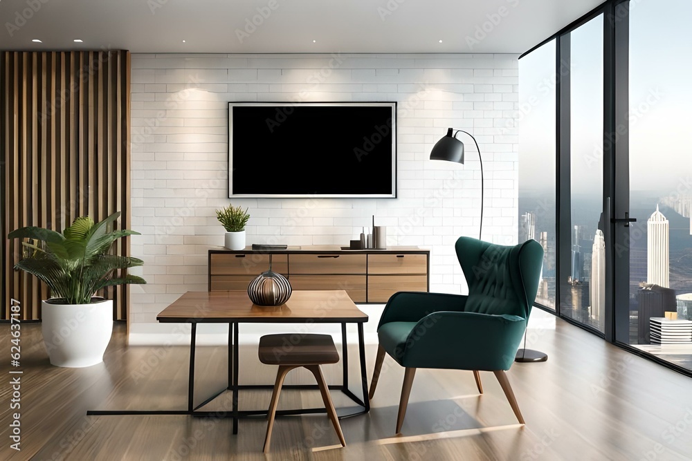 Horizontal black poster Frame Mockup hanging on the wall in modern living room above commode Horizontal black poster Frame Mockup hanging on the wall in modern living room above commode