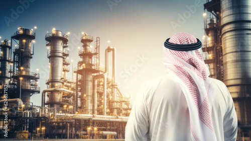 Successful Muslim Arab businessman with an oil pump, oil refinery plant in the background. Successful Saudi, Emirati, Arab businessman.