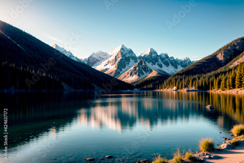 Realistic photo majestic landscape of mountain lake with perfect reflection