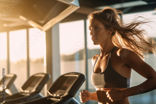 Fototapeta Portrait of beautiful woman working out at gym, running on treadmill and doing fitness exercises
