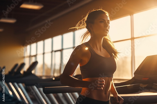 Photo Portrait of beautiful woman working out at gym, running on treadmill and doing fitness exercises