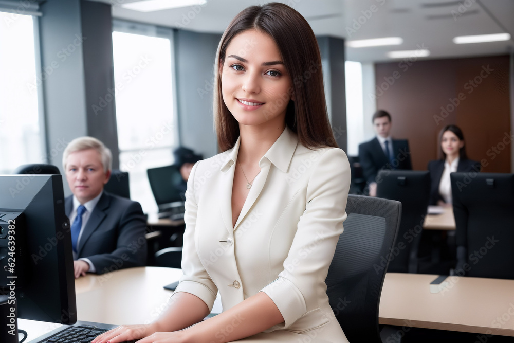 beautiful, futuristic brunette woman dressed in formal executive attire, commanding the high-tech server room with confidence and sophistication beautiful, futuristic brunette woman dressed in formal executive attire, commanding the high-tech server room with confidence and sophistication