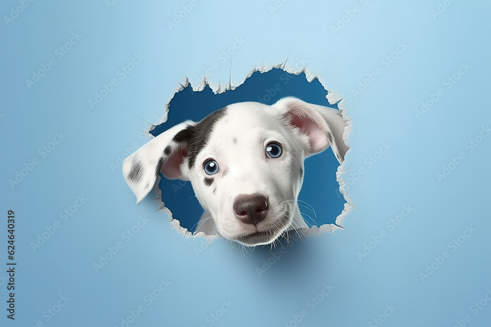 Curious white spotted puppy peeking through a hole in the blue wall, funny little dog Curious white spotted puppy peeking through a hole in the blue wall, funny little dog