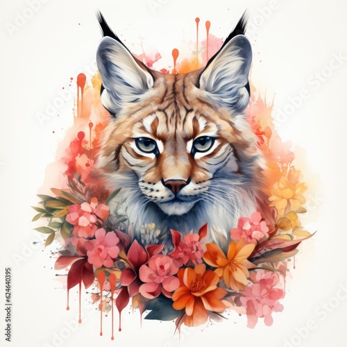  Watercolor portrait of a beautiful lynx with flowers and splashes. Generative AI. 