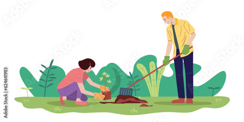 Sustainability concept, woman and man planting young tree in the garden, Vector