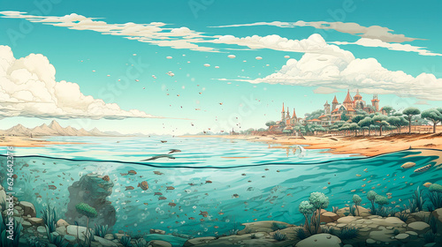 Cartoon fantasy landscape with castle in the sea - illustration for children.AI Generated