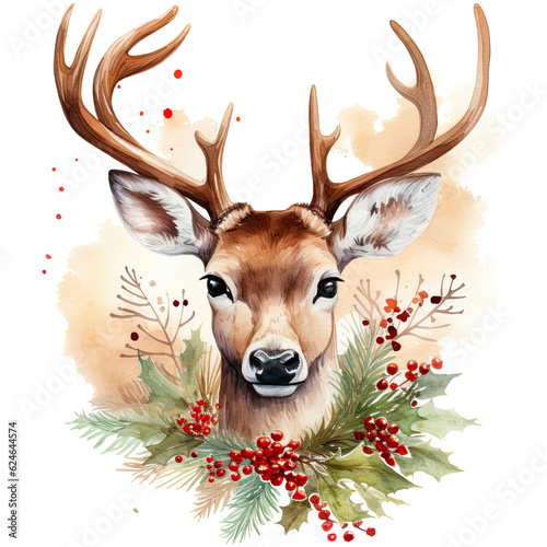 Watercolor deer on a transparent background, christmas illustration. Generative AI 