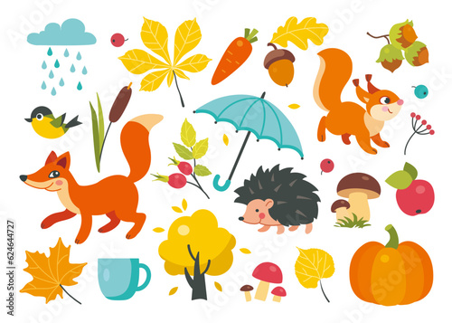 Set of autumn elements in flat style. Fall icons with fox, squirrel, hedgehog, autumn leaves, rosehip, berries, umbrella, cup, tree, acorn, nut, pumpkin, rain, bird, mushroom. Vector illustration.