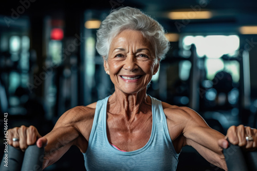 Portrait of beautiful senior woman working out at gym, running on treadmill and doing fitness exercises. healthy concept old senior people