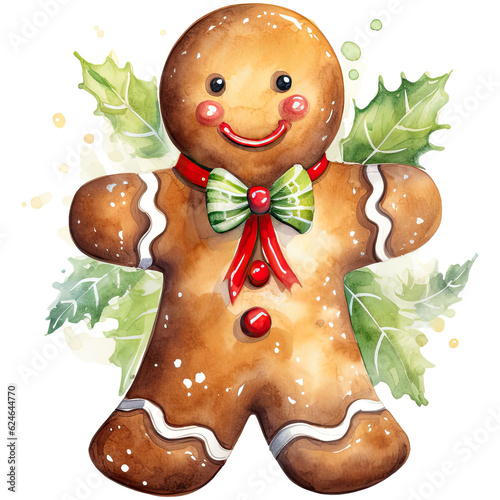 Watercolor christmas gingerbread man on a transparent background, winter illustration. Generative AI	