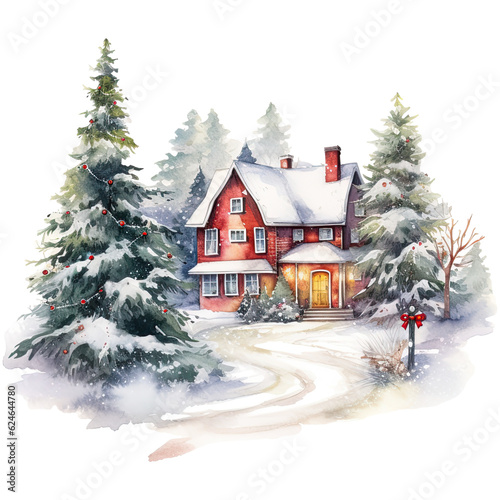 Watercolor winter house on a transparent background, christmas illustration. Generative AI © juliiapanukoffa