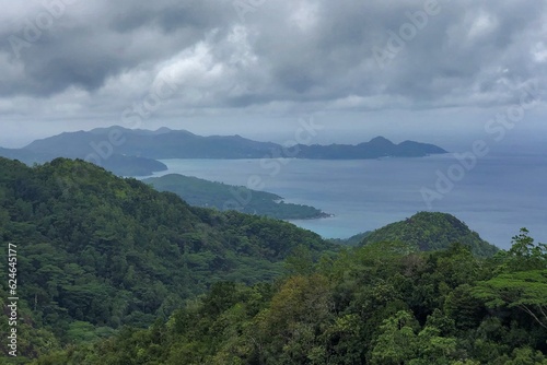 Seychelles. View from the mountain to the bays of the Indian Ocean