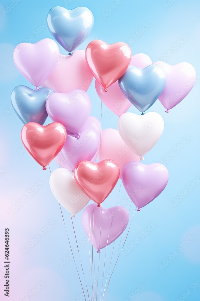 close up of heart sharp balloons flying in the air, levitation,rainbow palete,white lighting pastel background