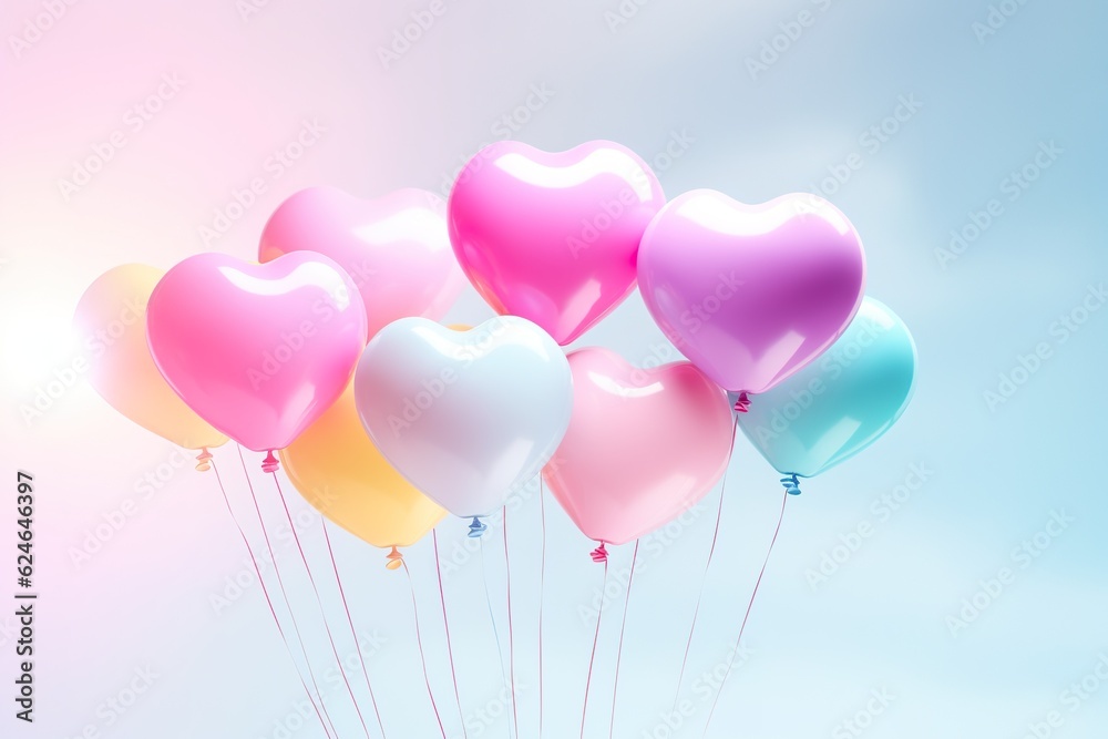 close up of heart sharp balloons flying in the air, levitation,rainbow palete,white lighting pastel background close up of heart sharp balloons flying in the air, levitation,rainbow palete,white lighting pastel background