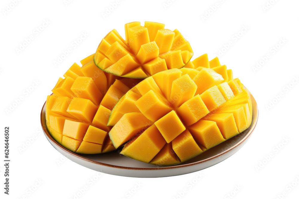 Sliced of ripe mango on plate isolated on transparent background. Generative Ai Sliced of ripe mango on plate isolated on transparent background. Generative Ai