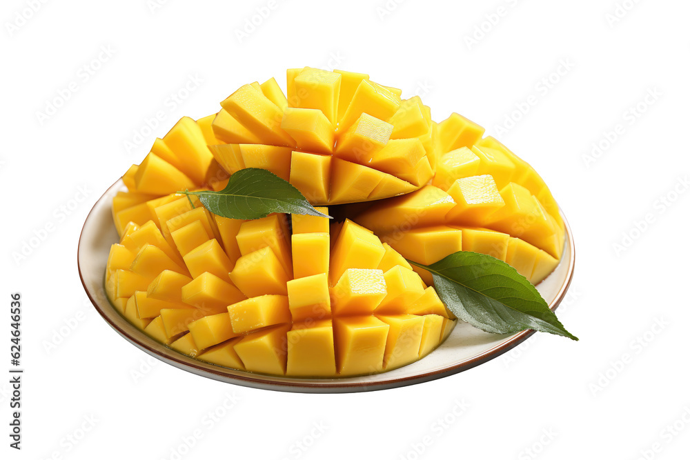 Sliced of ripe mango on plate isolated on transparent background. Generative Ai