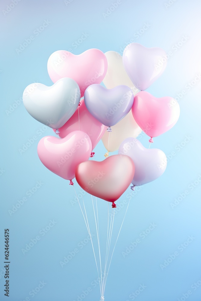 close up of heart sharp balloons flying in the air, levitation,rainbow palete,white lighting pastel background