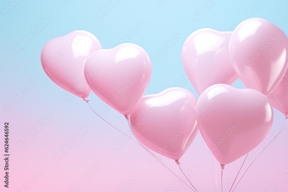 close up of heart sharp balloons flying in the air, levitation,rainbow palete,white lighting pastel background