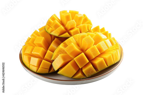 Sliced of ripe mango on plate isolated on transparent background. Generative Ai