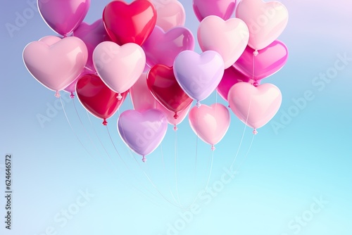 close up of heart sharp balloons flying in the air  levitation rainbow palete white lighting pastel background