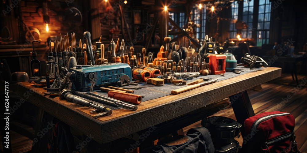 flat lay photography of carpentering tools on top of a rustic working table. rustic style, well lit 3-point lighting.