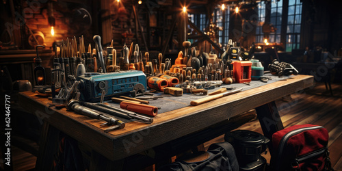 flat lay photography of carpentering tools on top of a rustic working table. rustic style, well lit 3-point lighting. photo