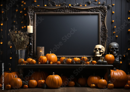 Halloween background with frame  on wall with halloween decorations , mockup