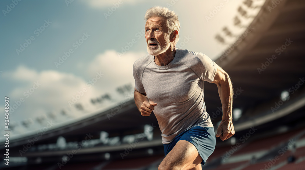 Retired man running, male athlete. Generative AI Retired man running, male athlete. Generative AI