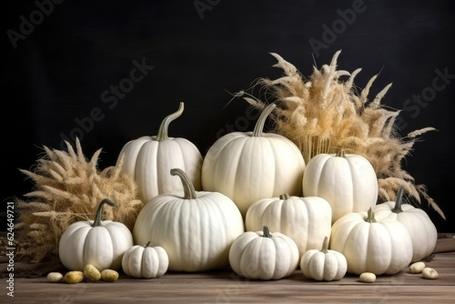 White pumpkins and flowers decorations Generative AI