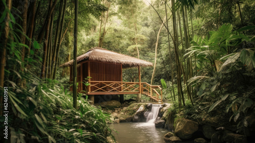 Yoga retreat in bamboo forest by a stream