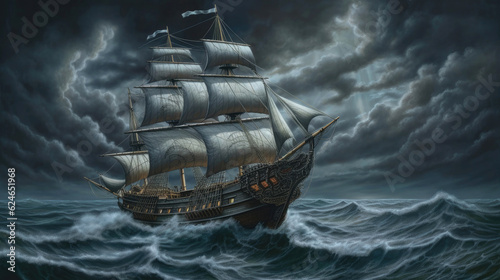 Pirate ship in the ocean on a stormy night
