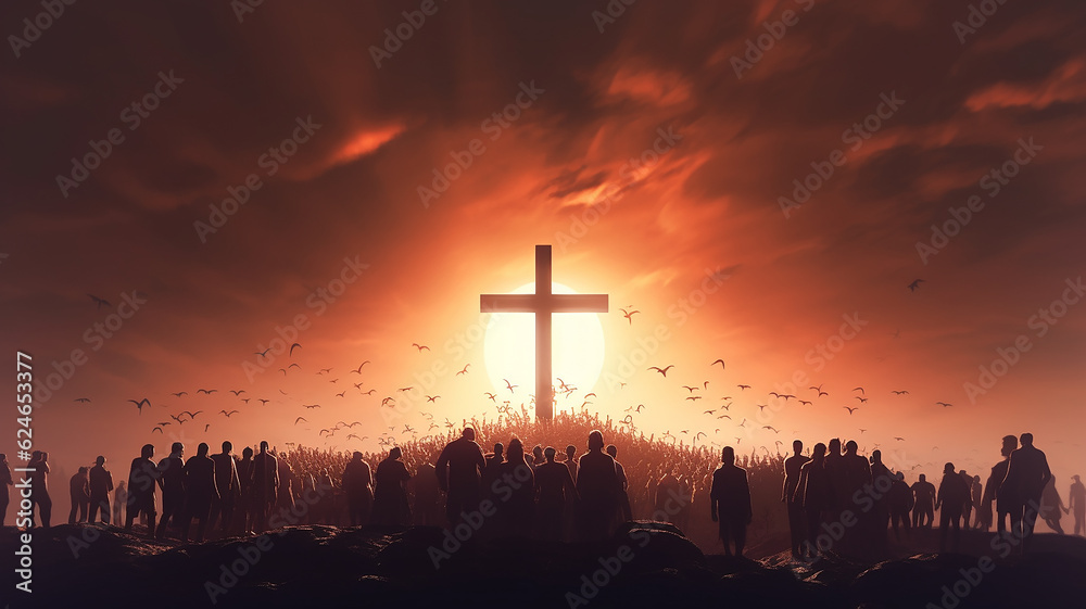 glowing cross crowd of people silhouettes. faith hope religion. Generative AI glowing cross crowd of people silhouettes. faith hope religion. Generative AI