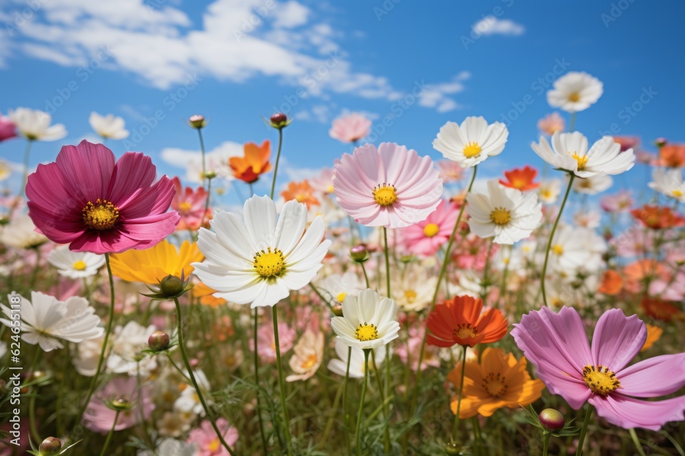 Blooming Flower Field Under A Clear Blue Sky, Generative AI Blooming Flower Field Under A Clear Blue Sky, Generative AI