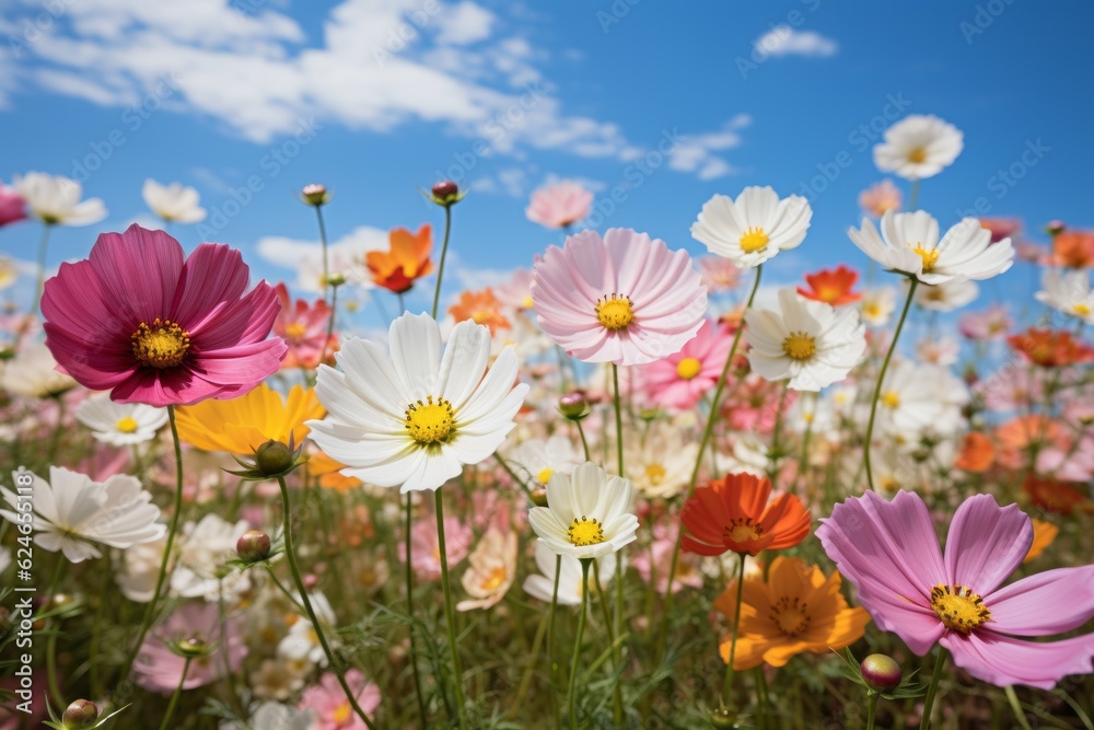 Blooming Flower Field Under A Clear Blue Sky, Generative AI