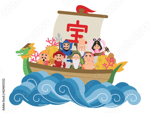 宝船に乗った七福神のイラスト