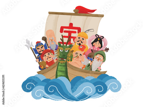 宝船に乗った七福神のイラスト