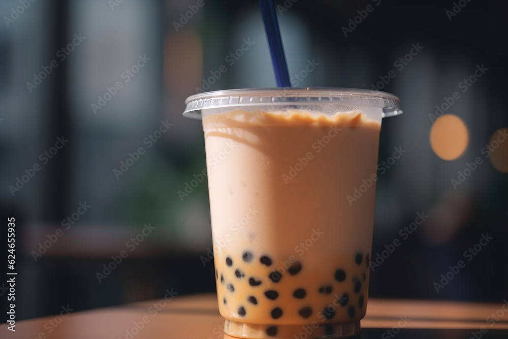Milk boba tea macro, close up, Generative AI