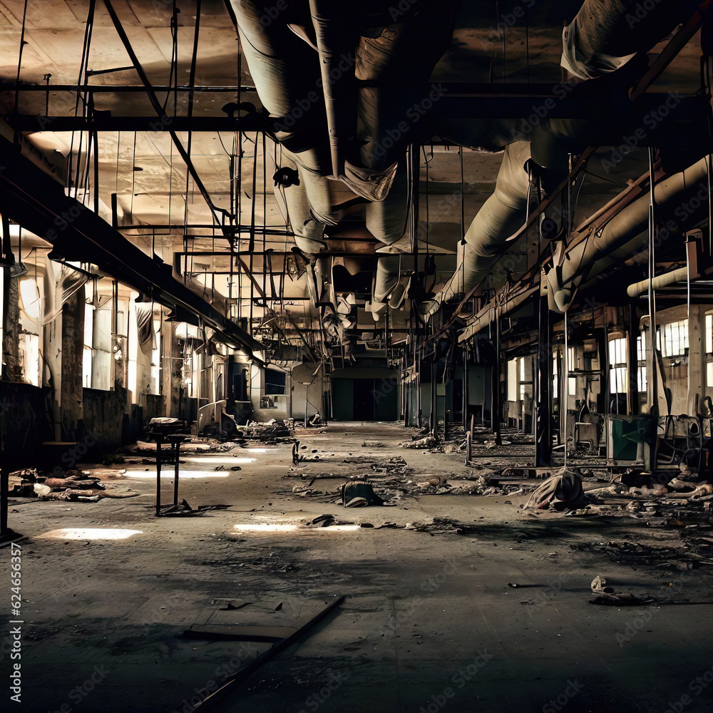 Interior of an abandoned textile factory with Generative AI.