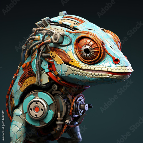 A chameleon head that is a futuristic machine of the future world. Reptile. Animals. Illustration, Generative AI.