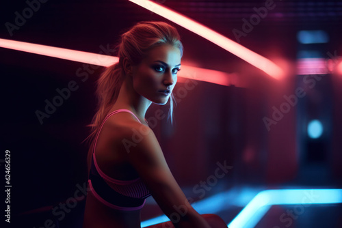 Gym portraits concept - close up of sexy caucasian woman working out. LED details with low light