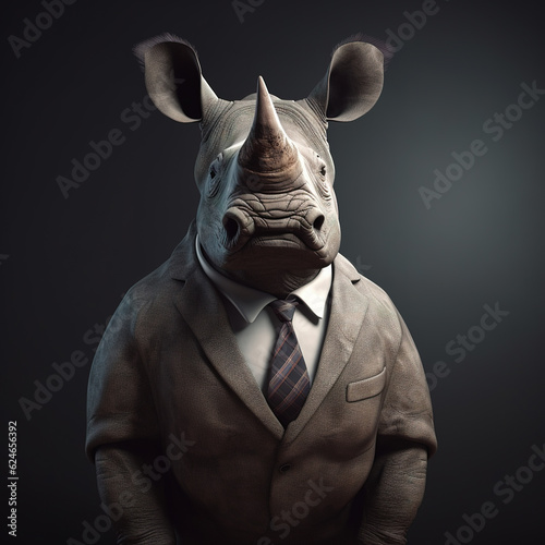 Image of a rhinoceros businessman wearing a suit on clean background. Wildlife Animals. Illustration, generative AI.